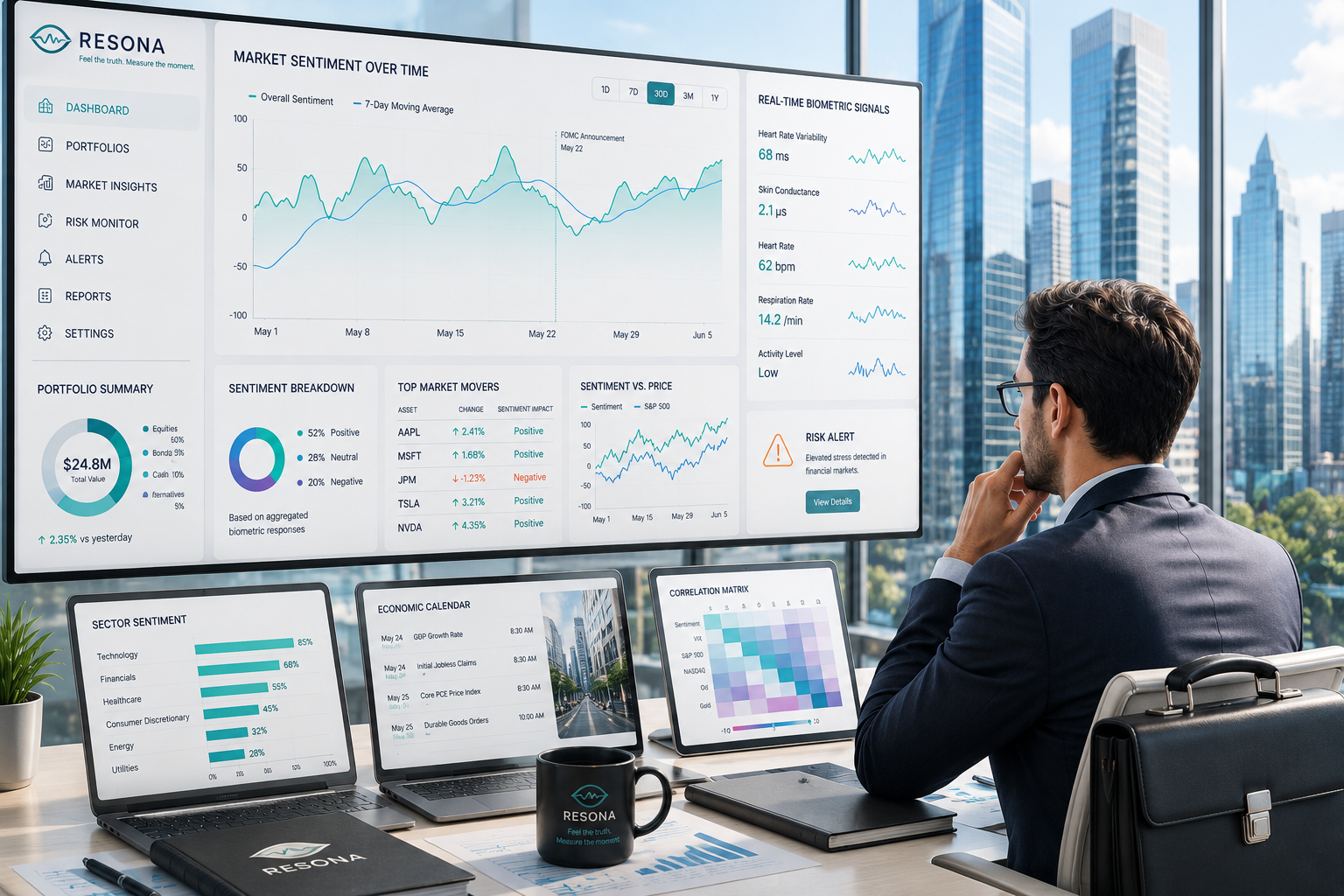 Financial services sentiment and biometric analytics dashboard