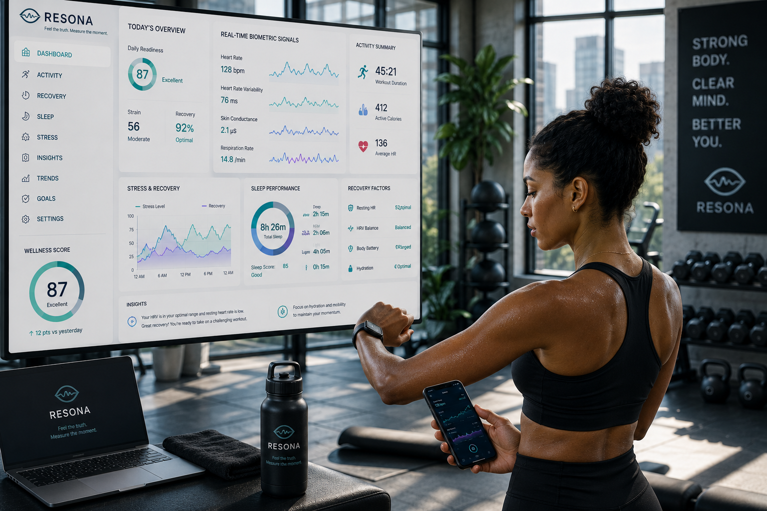 Health and fitness biometric dashboard in a modern gym